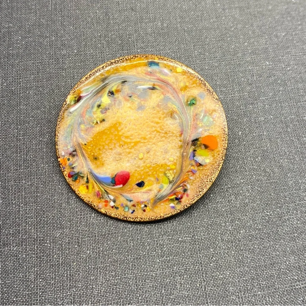 Mid Century Modern Glass Abstract Copper Back Multicolored Brooches Set of 2